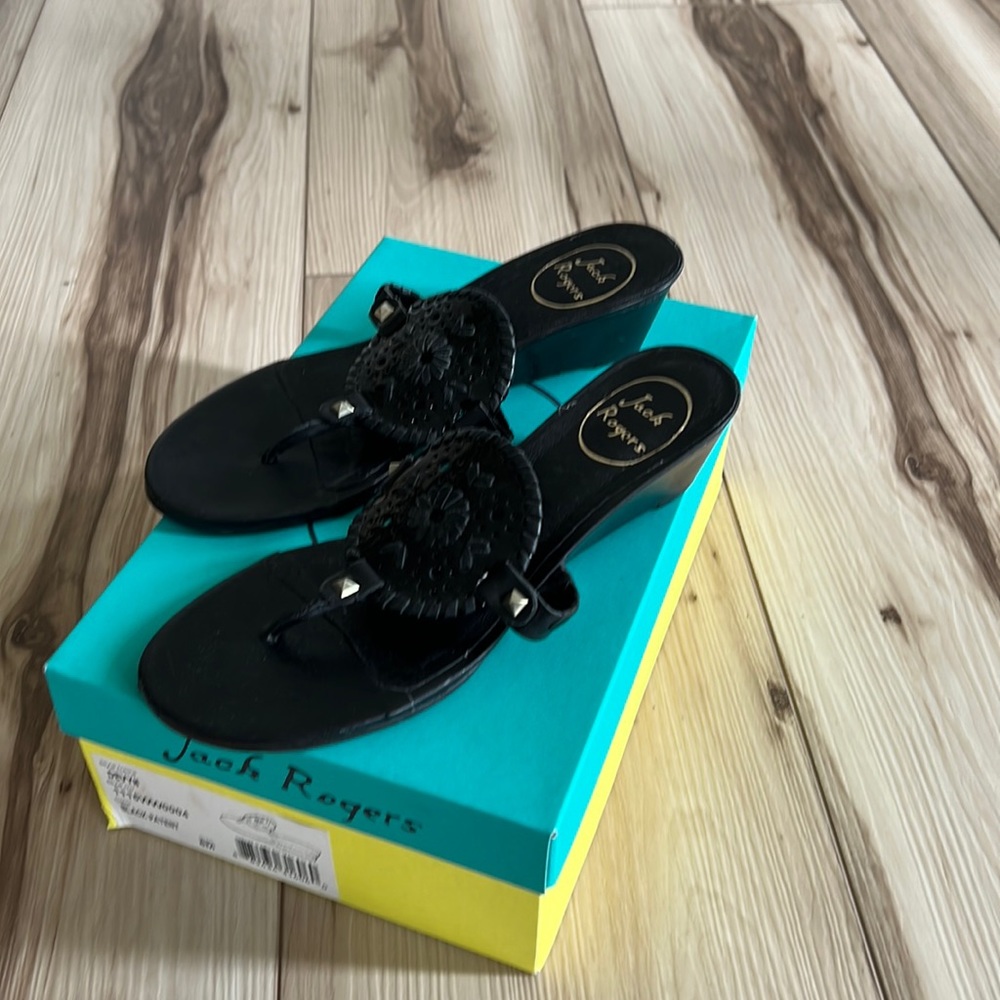 Jack Rogers patent black sandals